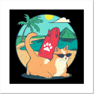 Summer Hawaii Beach Holiday Cat Surf Wave Coconut Vacation Posters and Art